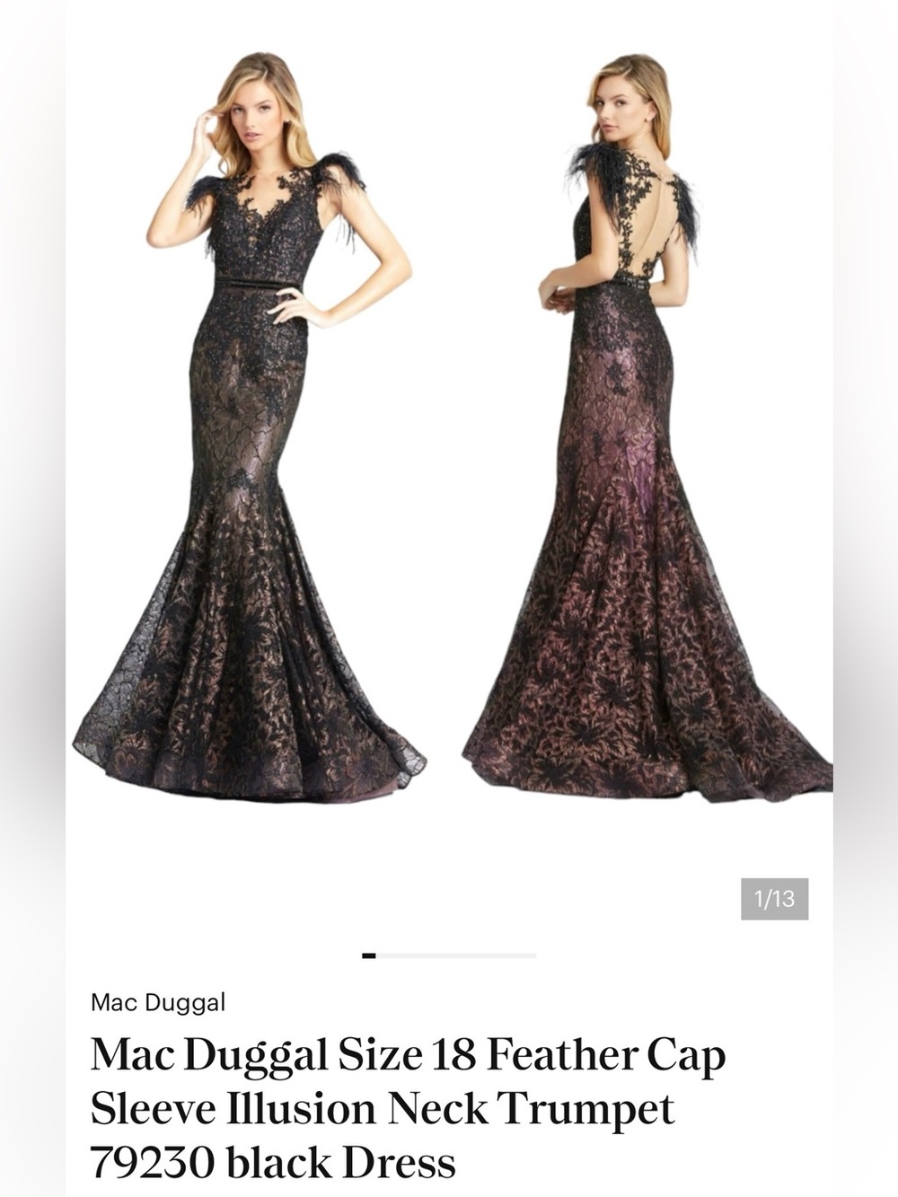 NWT Mac Duggal Size 18 Feather Cap Sleeve Illusion Neck Trumpet 79230 black Dres